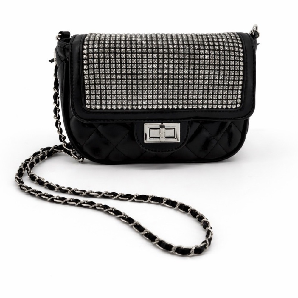 Bam Forever Black Quilted Rhinestone Flap Crossbody Bag - Excellent Condition